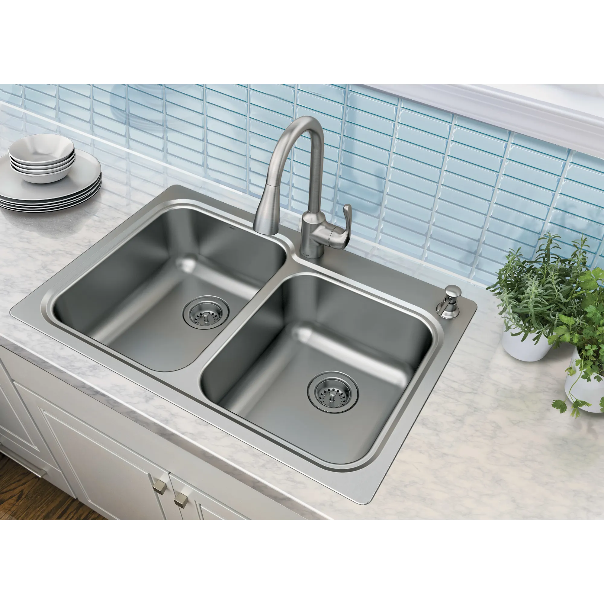 Lodi Stainless steel 33" X 22" 18 Gauge Double Bowl Faucet and Sink Combination - Image 7