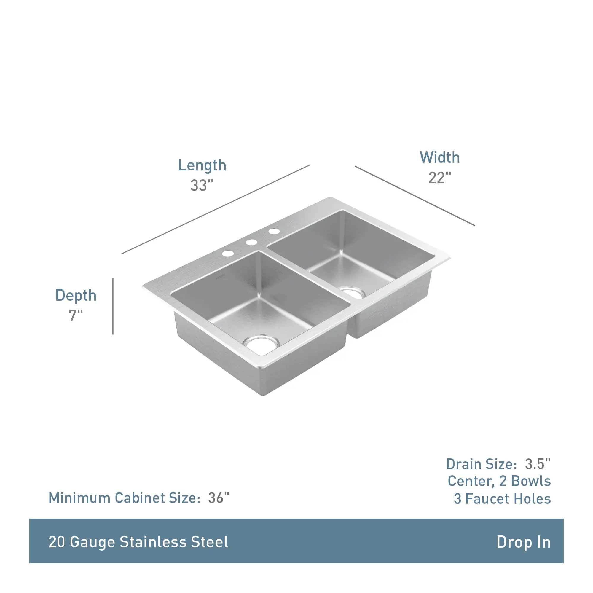 Prep 33" Stainless Steel  Drop-in Double Bowl Sink - Image 4