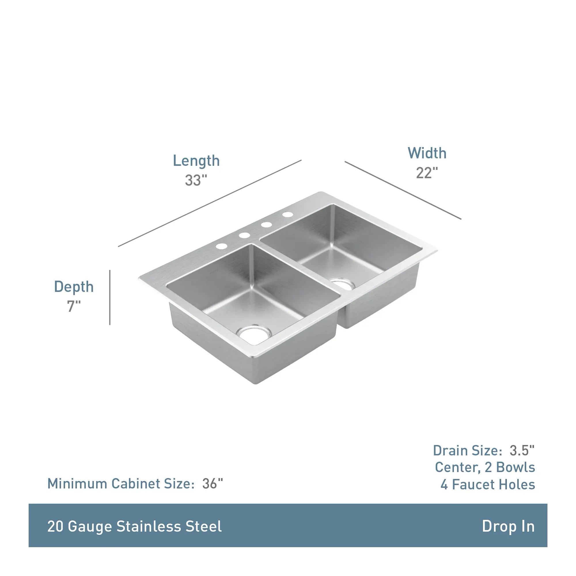 Prep 33" Stainless Steel  Drop-in Double Bowl Sink - Image 4