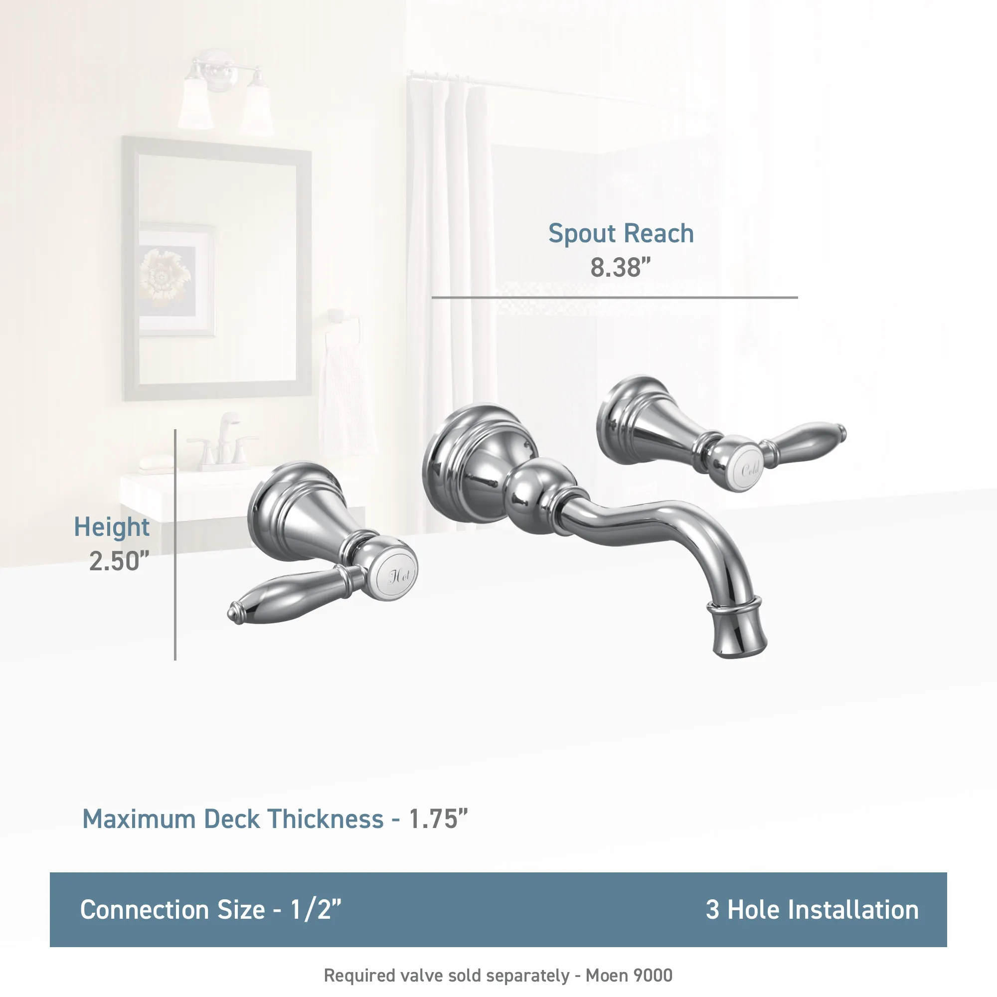 Weymouth Chrome Two-Handle High Arc Wall Mount Bathroom Faucet - Image 4