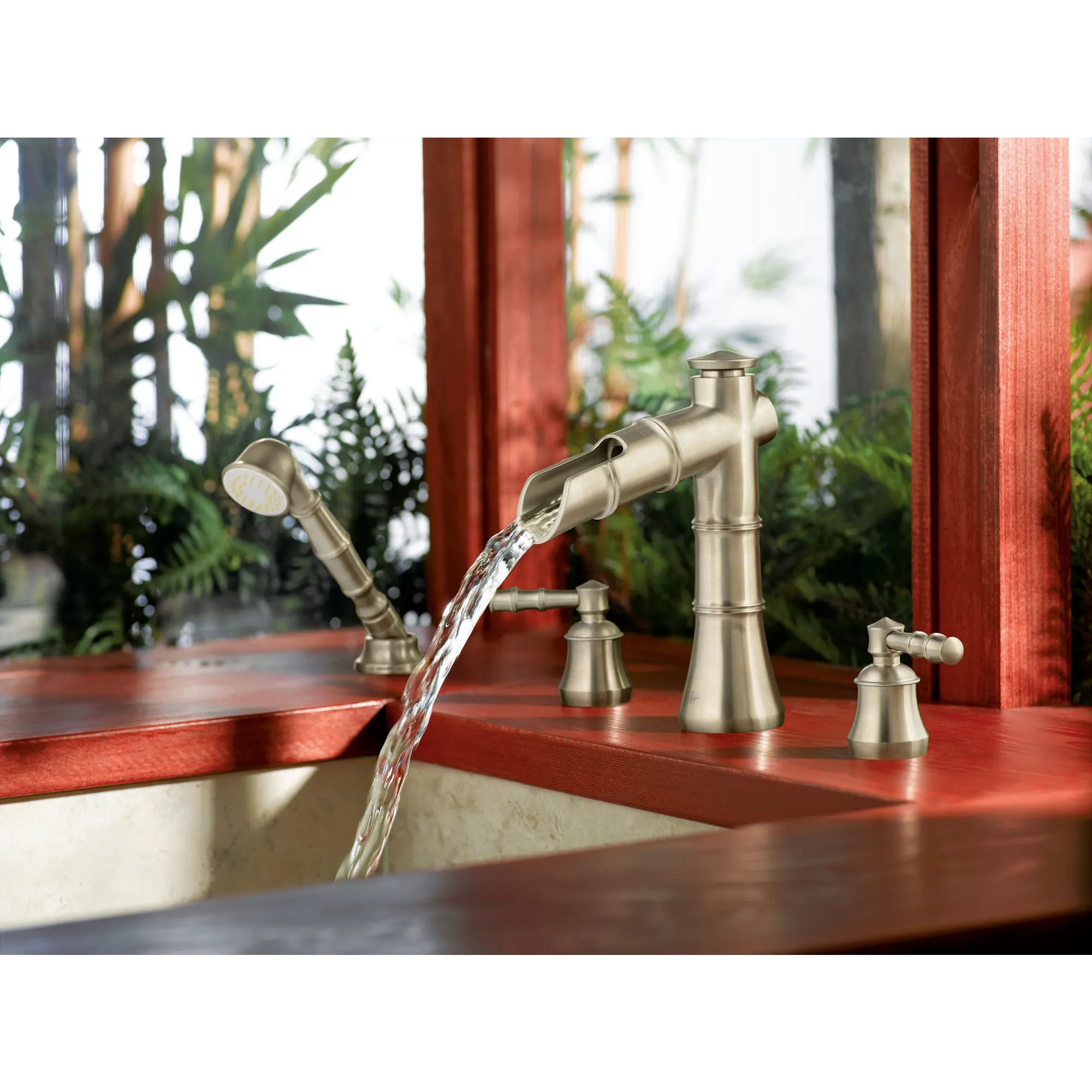 Bamboo Brushed nickel two-handle open waterway roman tub faucet includes hand shower - Image 2